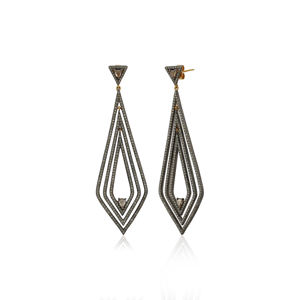18K Gold & 925 <b>Silver</b> Luxury Art Deco <b>Dangle</b> <b>Earrings</b> with Brilliant Round cut Diamonds a touch of refined glamour to any look. - Product Image 1