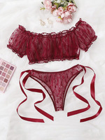 Europees-Amerikaanse plus size off-shoulder full cup sexy lingerie kant ademende bikini tweedelige doorschijnende set