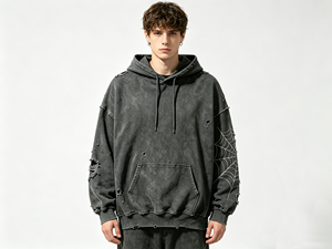 Sudadera con Capucha Vintage Lavada y Desgastada con Diseño de Araña, 100% Algodón Felpa, con <span class=keywords><strong>Detalles</strong></span> Rotos, Sudadera Pesada Estilo Urbano para Hombre - Product Image 2
