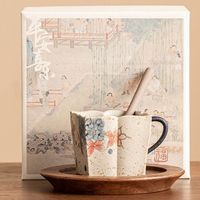 Handbemalte Blumen-Keramiktasse mit Quadratischem Design und Gewelltem Rand, Wabi-Sabi Kaffeetasse mit Henkel für Teetisch, Heimdekoration, Geschenk, Individuell Anpassbar