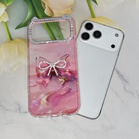 Coque de téléphone avec cadre en strass oreilles de chat et nœud en tulle 3D, protection mignonne pour iPhone 17 16 15 14 13 12 11 Pro Max