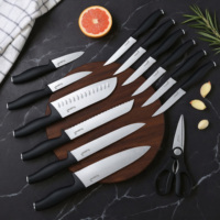 Ensemble de couteaux de chef Kuisine en acier inoxydable à haute teneur en carbone, 15 pièces, avec bloc à couteaux, aiguiseur à couteaux, manche en PP, compatible lave-vaisselle, design moderne