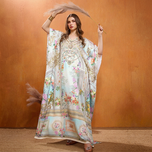 High Quality Designer Turkish Style Kaftan Women Polyester Handmade Batwing Sleeves V Neck Regular Fit Flared Hem Midi Party - Product Image 1