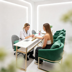 Equipo <span class=keywords><strong>de</strong></span> Salón <span class=keywords><strong>de</strong></span> Belleza <span class=keywords><strong>de</strong></span> Grado Comercial, <span class=keywords><strong>Mesa</strong></span> <span class=keywords><strong>de</strong></span> <span class=keywords><strong>Manicura</strong></span> Doble <span class=keywords><strong>con</strong></span> Superficie <span class=keywords><strong>de</strong></span> Mármol y Marco <span class=keywords><strong>de</strong></span> Metal Dorado - Product Image 1