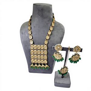 PREMIUM LONG <b>NECKLACE</b> JHUMKA GREEN EARRINGS STYLISH ZIRCON POLKI STYLE <b>GOLD</b> PLATED ALLOY TRENDY ENGAGEMENT WEDDING ANNIVERSARY - Product Image 1