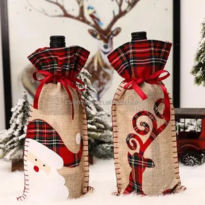 नई डिजाइन क्रिसमस की सजावट जाली बढ़त मशीन कशीदाकारी जूट शैम्पेन की बोतल बैग क्रिसमस शराब पाउच बैग