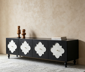 <b>Black</b> & White Quatrefoil Pattern TV Stand, Modern Media <b>Console</b> with Turned Legs for Living Room - Product Image 2