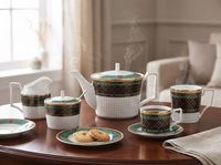Assiette de luxe en céramique verte à motif arabesque, bord doré et noir, vaisselle en porcelaine pour hôtels et restaurants, vente en gros