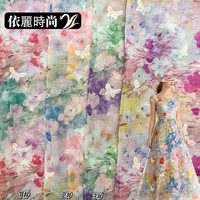 Tela Ligera de Verano con Estampado Floral de Acuarela y Bordado de Mariposas y Estrellas para Vestidos de Mujer