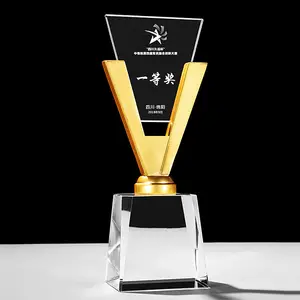 New Design DeHao Factory Price Wholesale Custom Engraving V shape Metal Crystal Glass Trophy Award