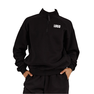 Sweat à capuche pour femme en molleton 100% coton 360g, col montant, demi-zip, coupe décontractée, respirant, avec broderie 3D unie - Product Image 1