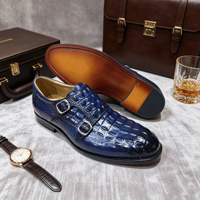 Chaussures Richelieu de luxe pour homme en cuir patiné bleu marine, motif croco, à double boucle, élégantes et confortables pour le bureau