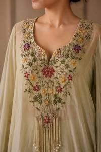 Luxury Silk <b>Kaftan</b> and Draped Skirt with Sleeveless Blouse Hand Embroidery Stitched Elegant Outfit for Women Wedding Festive - Product Image 3