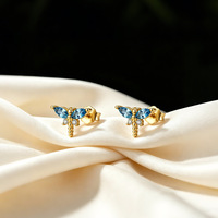 Boucles d'oreilles clous libellule en argent sterling 925, zircone bleue taille poire, plaqué or 14 carats, bijoux fins, vente en gros