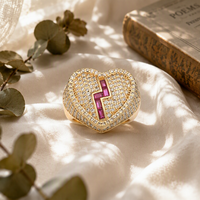 Bague en laiton plaqué or 14 carats, forme cœur, sertie de zircone cubique rose, motif éclair, bijou tendance pour femme