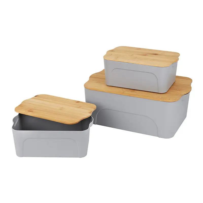 Cesta de almacenamiento de cocina de plástico para alimentos más vendida, caja de pan con tapa de madera de bambú 100%