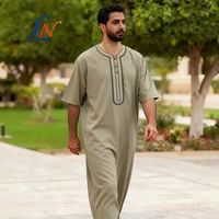 Jubah Pria Lanna Bordir Lengan Pendek, Baju Muslim Panjang, Kaftan Islami, Jubba Arab, Jalabiya, Baju Sholat Maroko