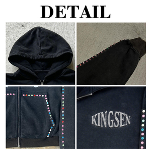 ผู้ผลิตเสื้อฮู้ดซิปแบบสตรีทแวร์ผ้าฝ้ายเฟรนช์เทอร์รี่แท้ 100% รับผลิตตามสั่ง (OEM) พร้อมตกแต่งด้วยคริสตัล - Product Image 6