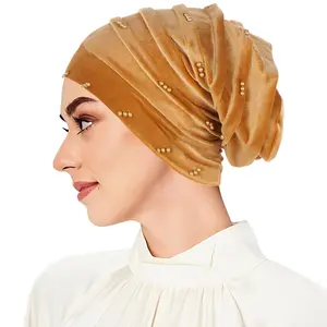 New Model African Women Turban Hat With Pearls Solid Color Forehead Cross Velvet Muslim Headwrap Cap