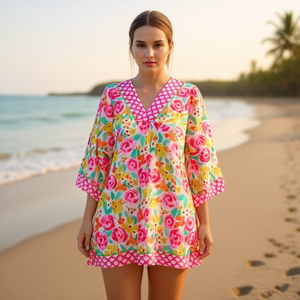 Vestido de playa con estampado de rosas y manga media, 88x54cm, para cubrir el traje de baño - Product Image 3