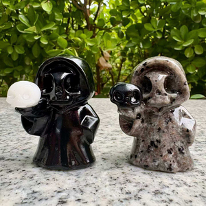 Venta al por Mayor de Adornos de Cristal de Obsidiana Negra Natural con Tallado de Grim Reaper y Pequeños Calaveras de Cristal Blanco para Decoración de Halloween - Product Image 1