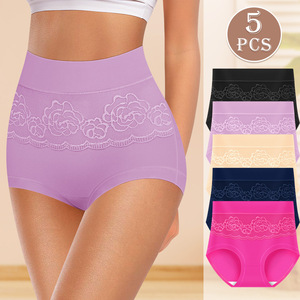 Braguitas de cintura alta para mujer, talla grande, con entrepierna de algodón, ribete de encaje, paquete de 5, color liso, faja moldeadora - Product Image 1