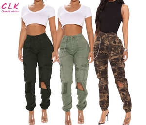 Pantalones vaqueros rasgados ahuecados para mujer, pantalones vaqueros informales con Bolsillo grande, pantalones vaqueros Cargo de camuflaje elásticos de cintura alta 2023 para mujer - Product Image 1