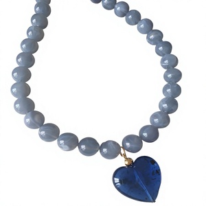 <b>Blue</b> Agate Bead <b>Necklace</b> With Heart Pendant Romantic Style Everyday Wear Unisex Jewelry - Product Image 1