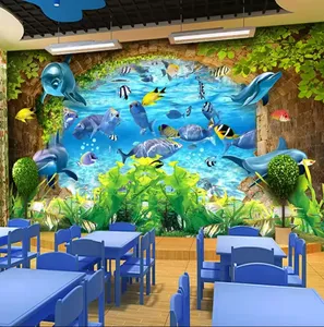 立体水下世界剥皮贴壁壁画海洋海豚壁画客厅儿童房装饰壁纸