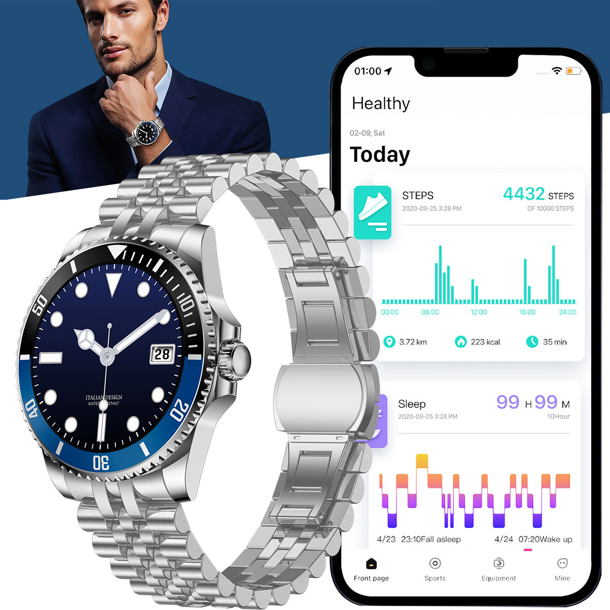 Boîtier bleu et bracelet en acier argenté