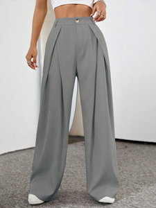 <span class=keywords><strong>Pantaloni</strong></span> da Completo Grigi a Vita Alta con Doppia Pieghe e Gamba Larga per Donna, Bottoni Nascosti, Casual da Ufficio, Produzione OEM ODM - Product Image 2