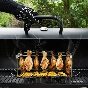 Support d'aile de poulet grilé, pliable, en acier inoxydable, avec poêle à goutte