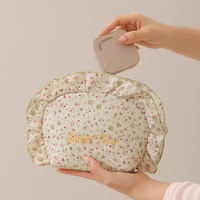 Pochette cosmétique en coton pour femmes, trousse de maquillage de voyage, imprimé floral en dentelle de feuille de lotus, fermeture éclair à volants, trousse de toilette pour usage quotidien