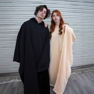 Oversize Solid Color Autumn Winter <b>Punk</b> Loose Hooded Wearable Blanket 100% Polyester Fluffy Sleeveless Cape <b>Jacket</b> for Men Women - Product Image 2