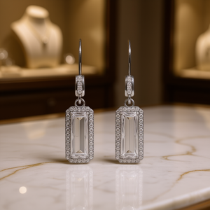 Orecchini Pendenti E2180 in Oro Bianco con Cristalli e Strass, Montatura Geometrica, Gioielli Classici da Sposa per Donna - Product Image 2