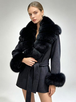 Manteau en laine double face Janveny 2026 pour femme, avec vraie fourrure de renard naturelle, coupe ample, chaud, ceinturé, poches, mélange de laine, veste courte, vêtement d'extérieur