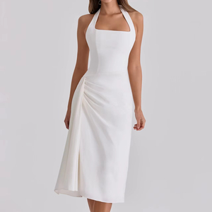 Robe décontractée quotidienne pour <span class=keywords><strong>femme</strong></span>, minimaliste et élégante, sans manches, col halter <span class=keywords><strong>carré</strong></span>, dos noué avec nœud, froncée sur le côté, taille haute, <span class=keywords><strong>coupe</strong></span> fluide évasée - Product Image 1