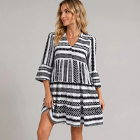 Robe mini décontractée pour femme, col en V, demi-fermeture, imprimé tribal géométrique, manches évasées 3/4, à volants, style babydoll