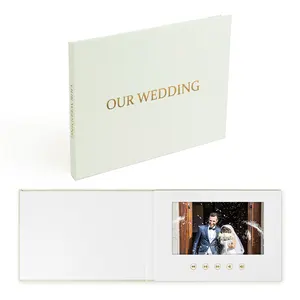 高品质婚礼请柬，带7英寸亚麻精装婚礼视频宣传册，带金箔视频记忆书