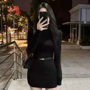 High Neck Bodycon Dress Women Autumn Long Sleeve Slim Fit Black Solid Color Tight Waist Hip Hugging Short Skirt - Product Image 2