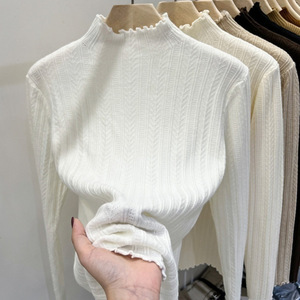 Maglione Basico Bianco da <span class=keywords><strong>Donna</strong></span> Autunno Inverno con Bordo Ondulato, Collo Medio Alto Stile Coreano per la Primavera e Logo Frontale - Product Image 4