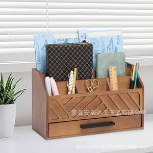 Office Organizer Wooden Desktop <b>Storage</b> <b>Box</b> With <b>Drawer</b> For Accessories And Stationery - Product Image 3