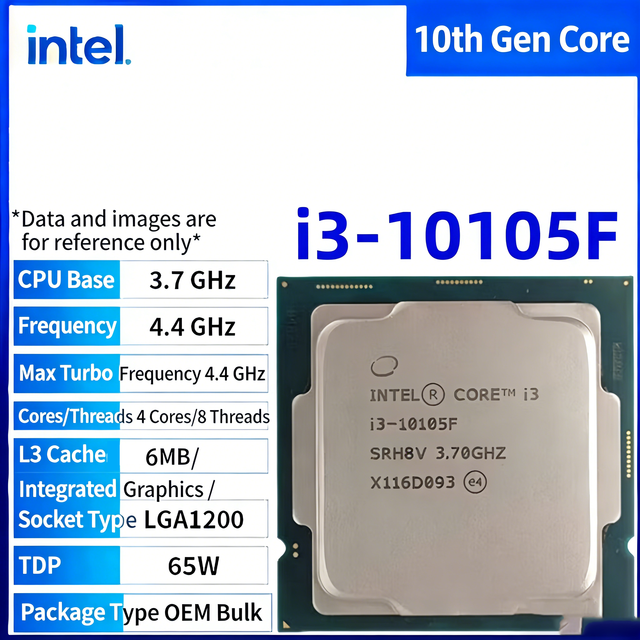 New for Core I3-10105F 3.70GHz 4-Core 8-Thread CPU DDR4-2666 65W TDP 128GB Max Memory Desktop Computer