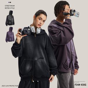 Otoño/Invierno 2025 nuevo estilo 430G Spray Monkey lavado borde deshilachado desgastado bolsa de rata con capucha sudadera con doble cremallera - Product Image 2