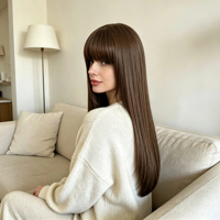 Perruque synthétique longue et droite brun clair avec frange aérienne, effet naturel dégradé, résistante à la chaleur, couvrant toute la tête