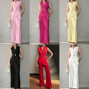 <span class=keywords><strong>Gilet</strong></span> à boutons dorés et pantalons longs à la mode pour femmes européennes et américaines Ensemble deux pièces Costume décontracté pour femmes - Product Image 5