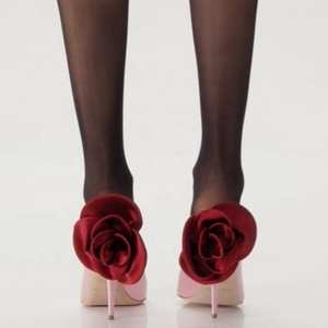 <b>Large</b> Size 45 3D Flower Women Peep Toe Summer Outdoor Silk Stiletto Shoes High Slim Heels Wide Fit <b>Slides</b> - Product Image 3