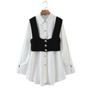 Camisa Blanca para Mujer Happy Hut con Chaleco Negro de Punto, Cuello Cuadrado, Corte Holgado, Tela Oxford, Talla Grande - Product Image 5