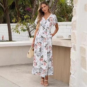 Robe d'été bohème pour femme, col halter, à lacets, col en V, manches mi-longues, fendue, coupe trapèze, taille haute, écologique, respirante, avec lien à nouer à la taille, idéale pour les vacances - Product Image 1