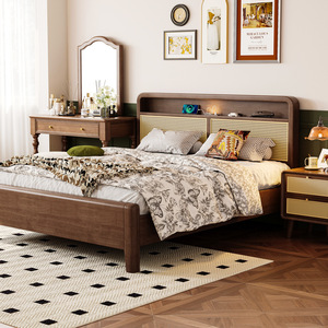<span class=keywords><strong>Letto</strong></span> <span class=keywords><strong>matrimoniale</strong></span> tradizionale in legno massello nordico e rattan, stile Wabi-Sabi, salvaspazio e confortevole per camera padronale o guesthouse - Product Image 1